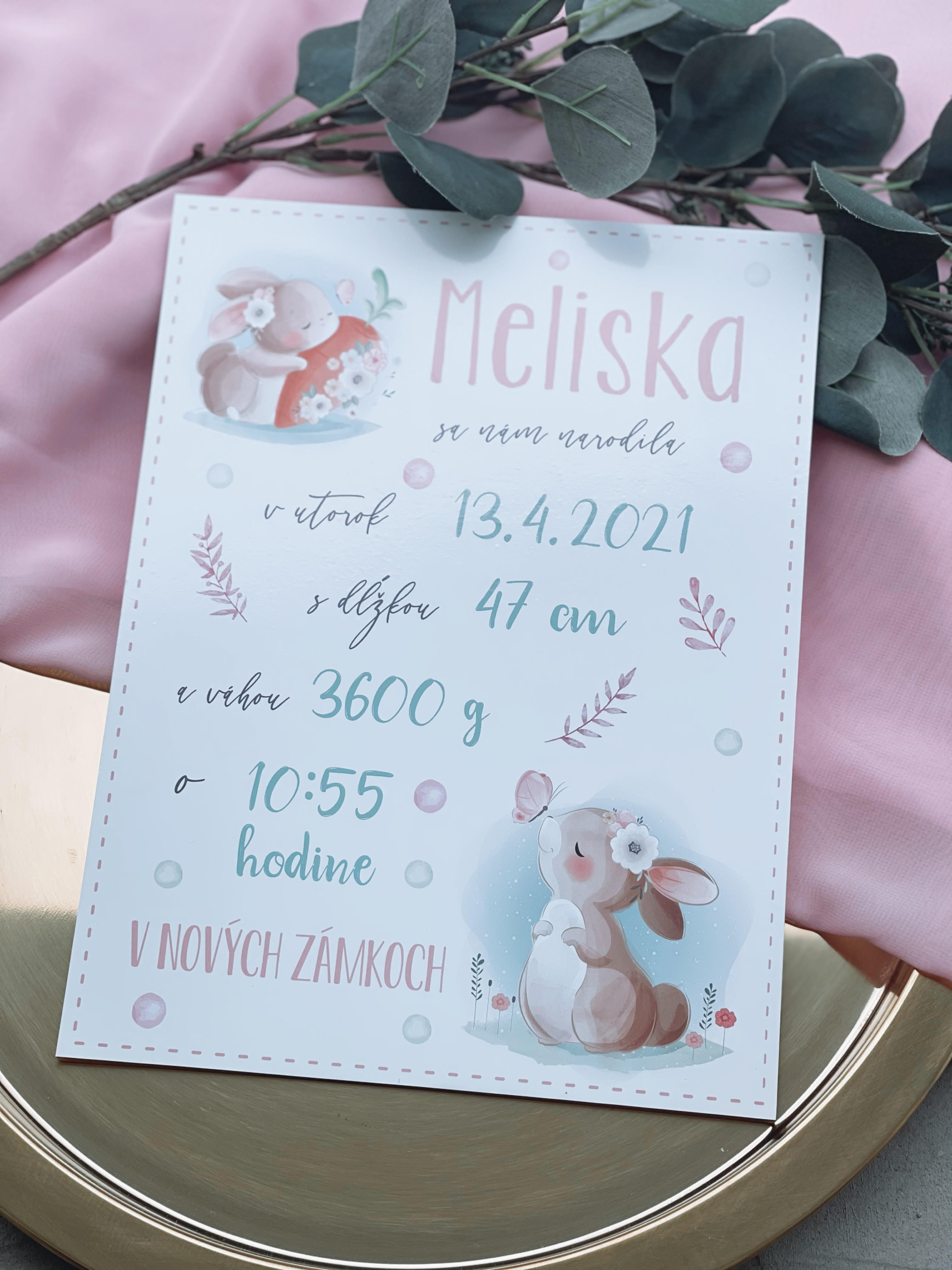 Tabuľka pre bábätko s údajmi o narodení zajko
