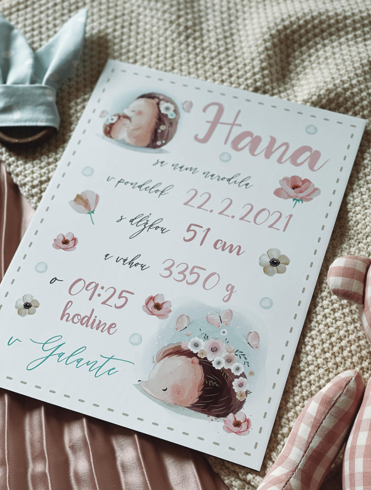 Tabuľka pre bábätko s údajmi o narodení ježko