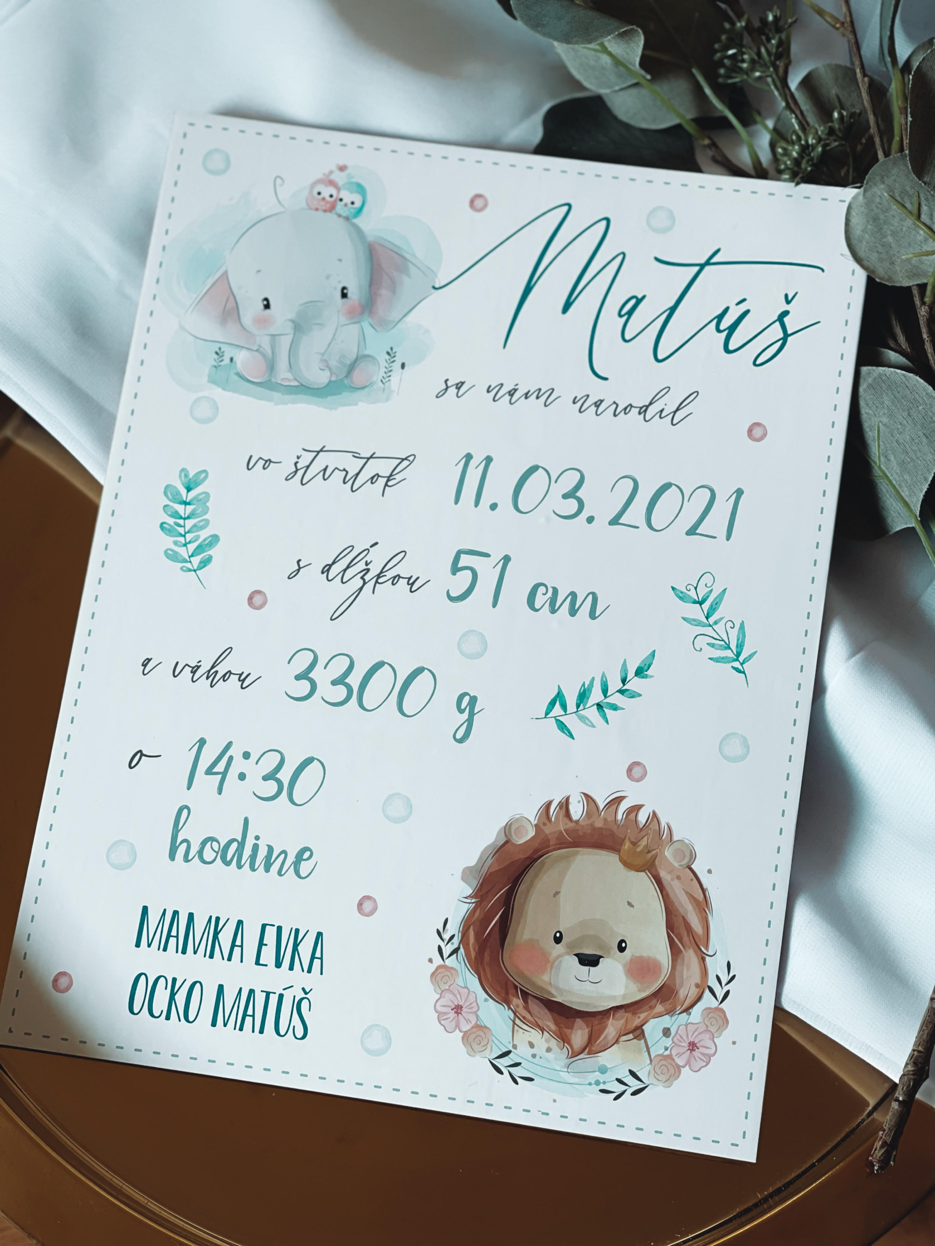 Tabuľka pre bábätko s údajmi o narodení levík a sloník