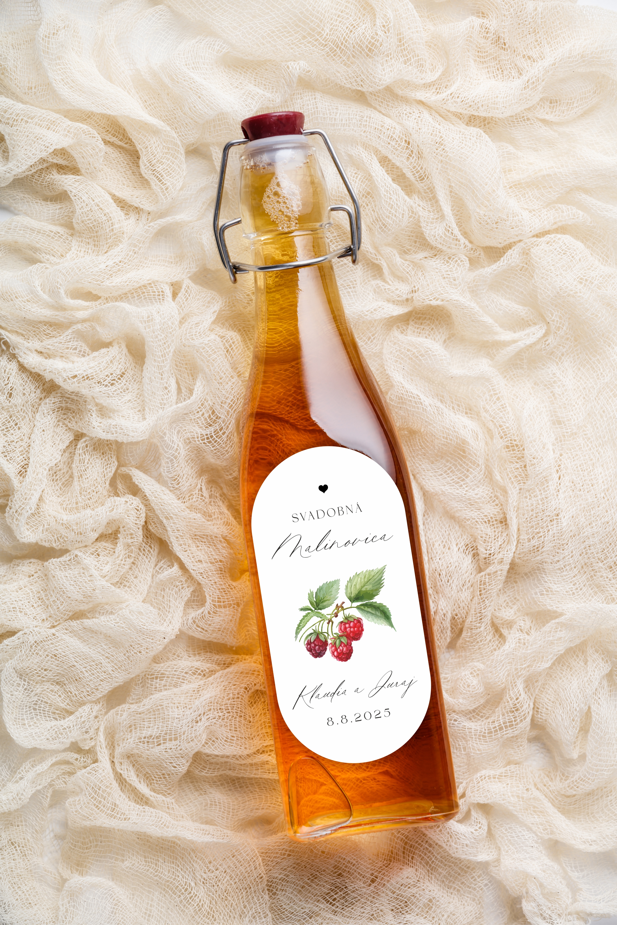 Nálepky oválne na svadobnú pálenku 289 ilustrácia malina