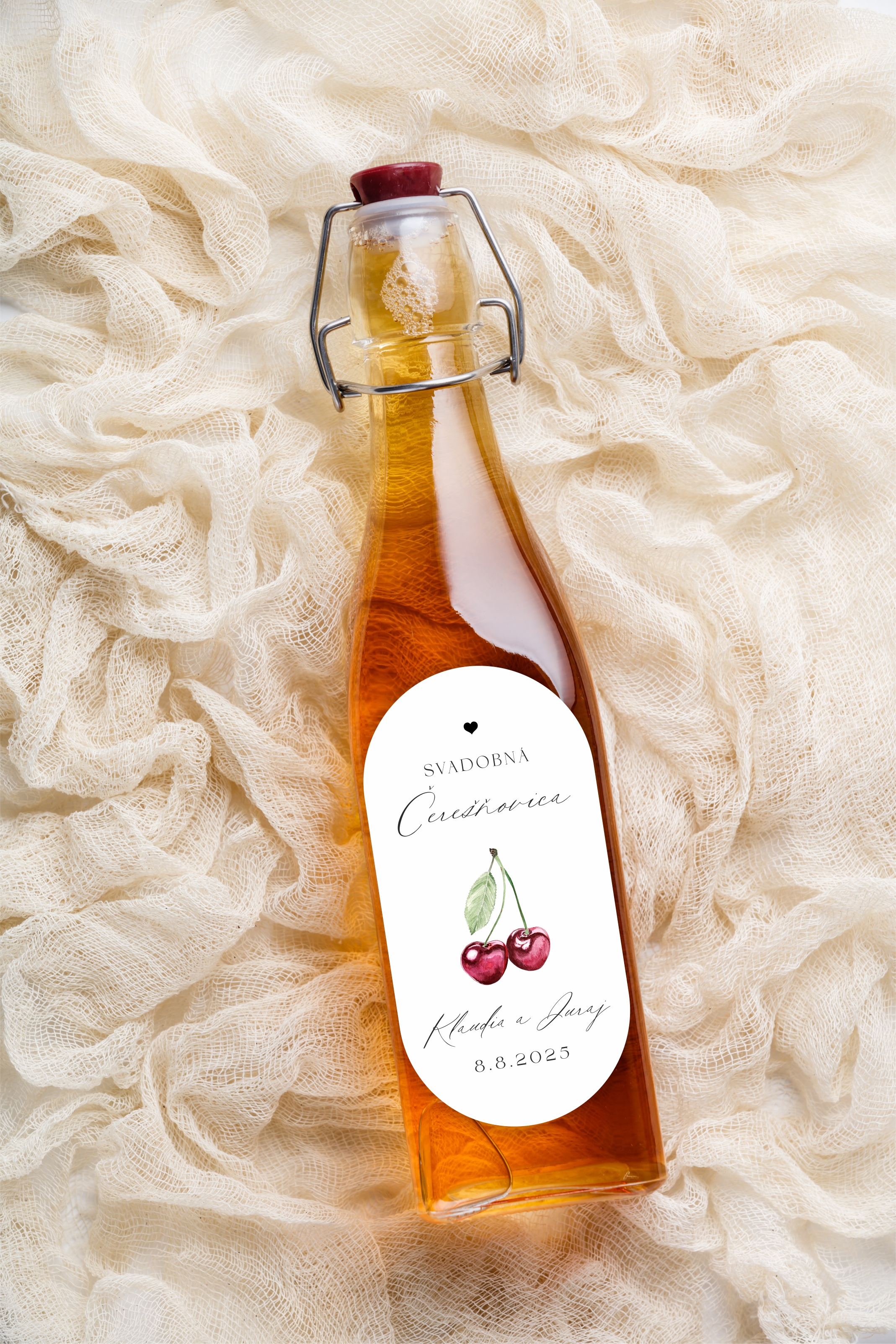 Nálepky oválne na svadobnú pálenku 293 ilustrácia čerešňa